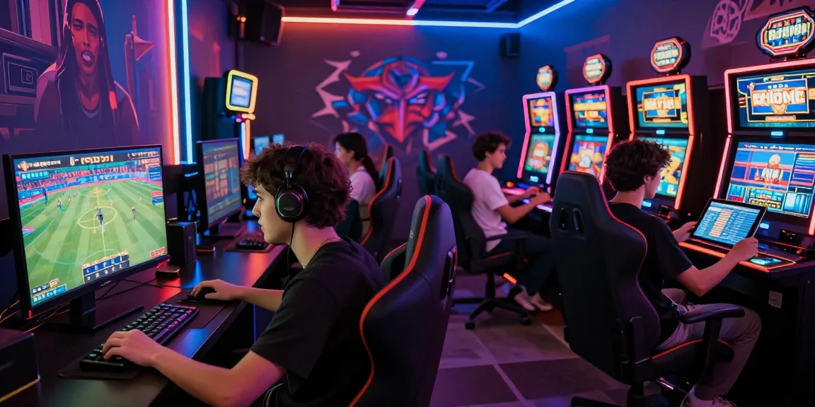 Diverse players enjoying raja328 link online games in a vibrant gaming lounge with sports betting and slot machines.