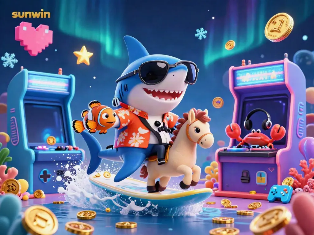 Experience the thrill of sunwin as the shark surfs gold coins alongside a clownfish and crab DJ.