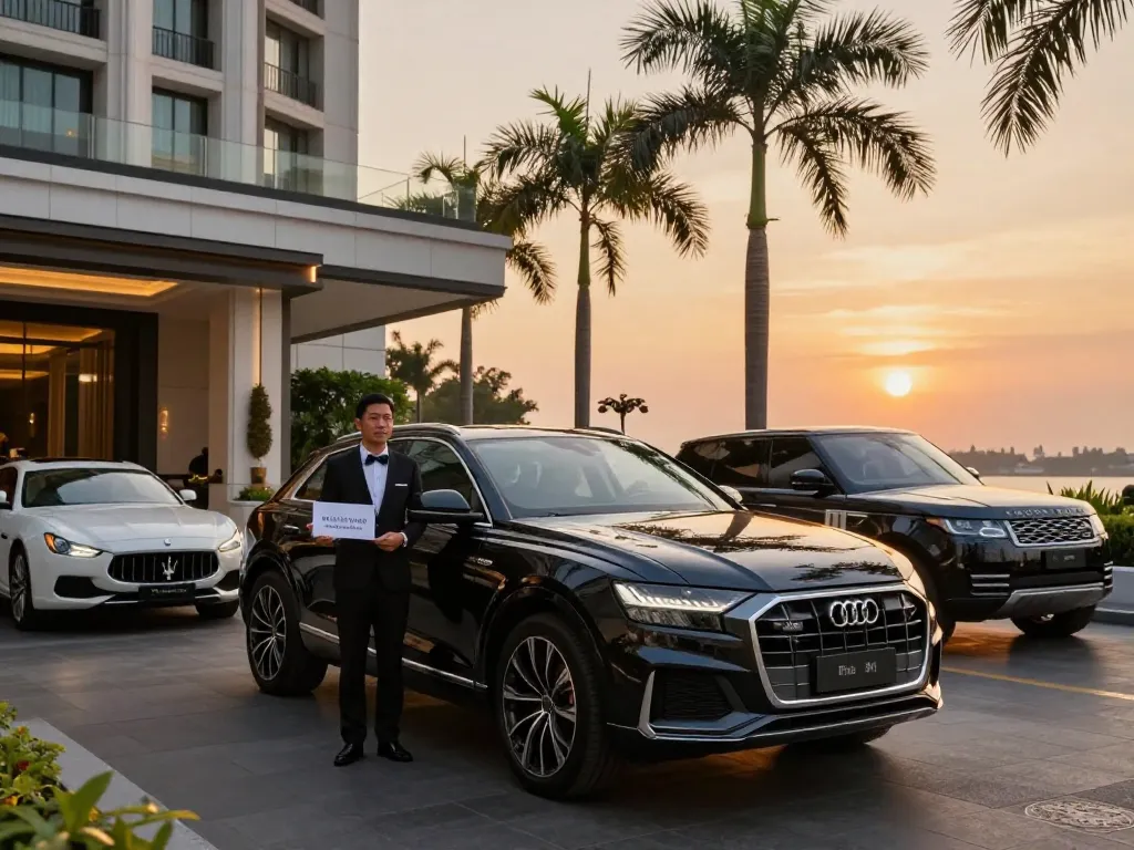 Cho thuê xe ô tô hạng sang với Audi Q8 cao cấp tại một khách sạn sang trọng ở Thành phố Hồ Chí Minh, mang đến trải nghiệm VIP thanh lịch.