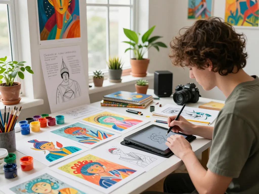 Artist using image to prompt tool in a bright studio filled with vibrant sketches and art supplies.