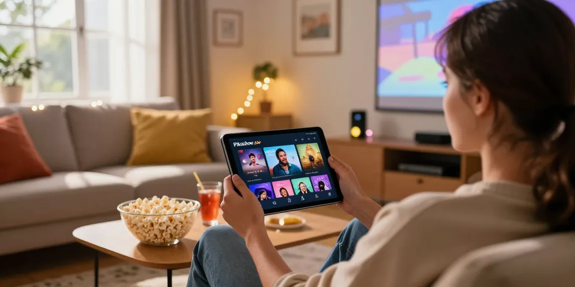 Enjoying Pikashow APK on a tablet in a cozy living room with warm lighting and snacks.