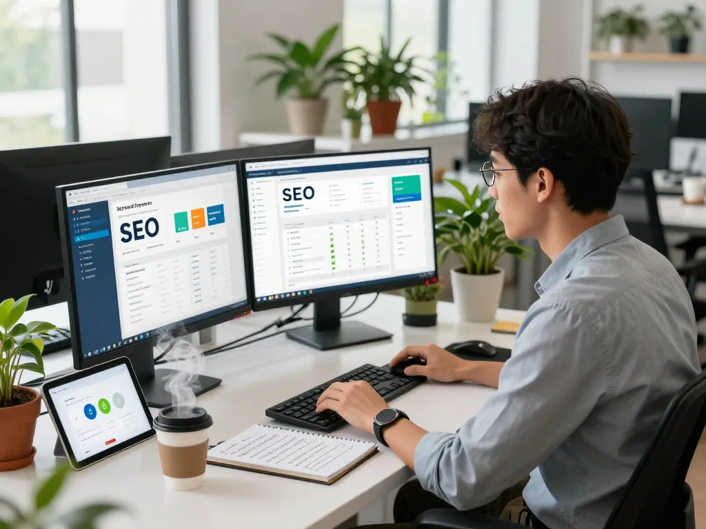 Group buy SEO tools professional analyzing website data in a vibrant tech workspace.