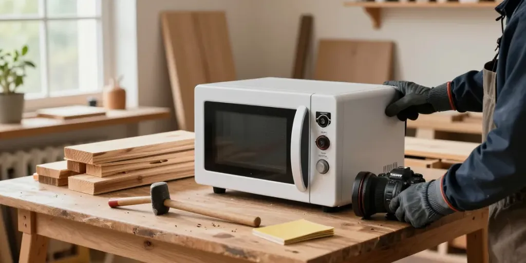 SHASHEL® microwave wood treatment equipment eliminating wood-boring insects in a cozy workshop.