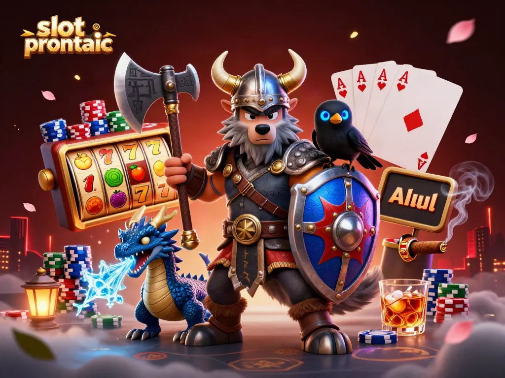 Memainkan slot pragmatic dengan karakter Viking dan naga dalam ilustrasi 3D yang meriah.