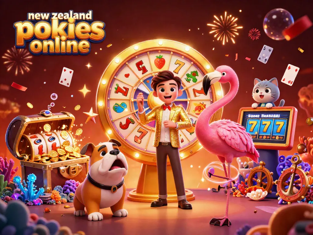 Engaging illustration of new zealand pokies online games with vibrant characters and casino elements.