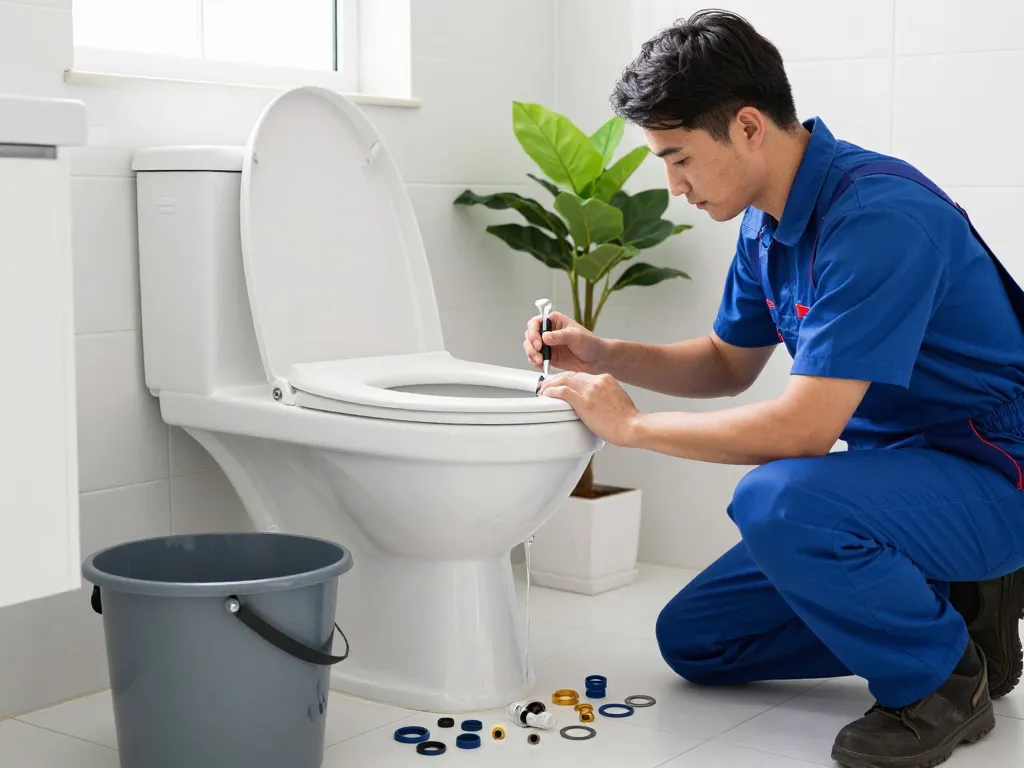 Apex Plumbing Services contact page featuring a plumber fixing a toilet in a bright bathroom with tools and parts.