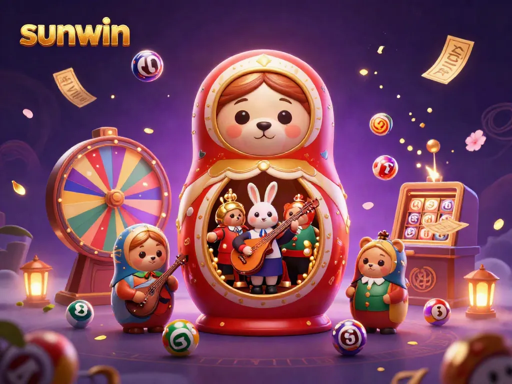 Experience the thrill of sunwin with colorful lottery balls and vibrant casino characters in a dynamic setting.