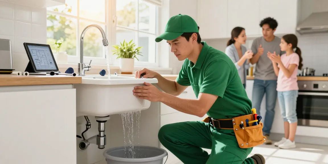 Find out more tips from an emergency plumber fixing a leaky sink in a bright home kitchen.