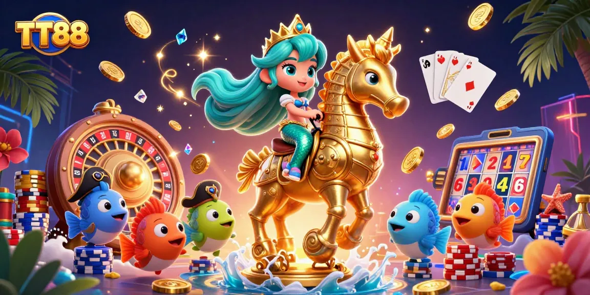 Engage with TT88 as a vibrant casino world filled with mermaids, golden coins, and captivating game elements.