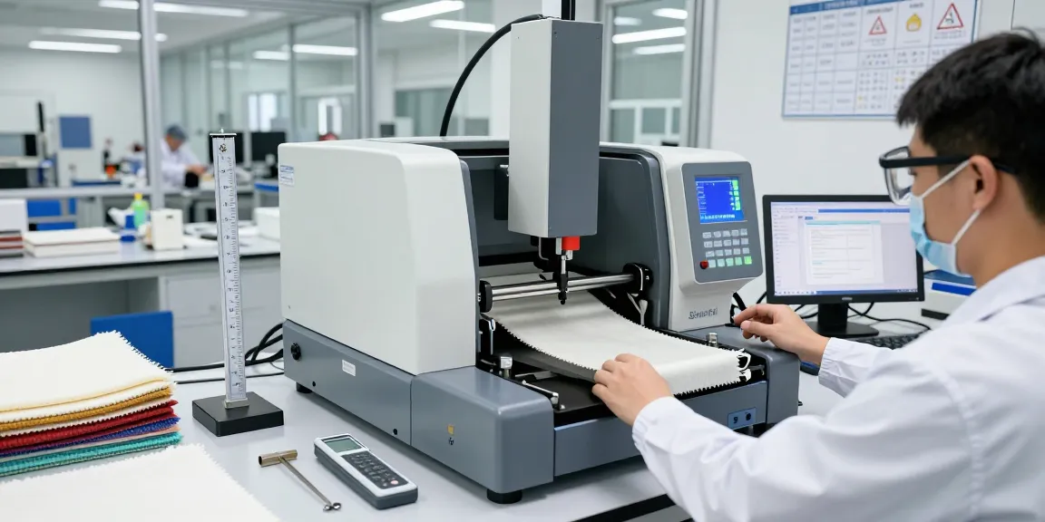 Technician using the fabric breaking strength testing machine, ensuring precise textile testing in a modern lab.