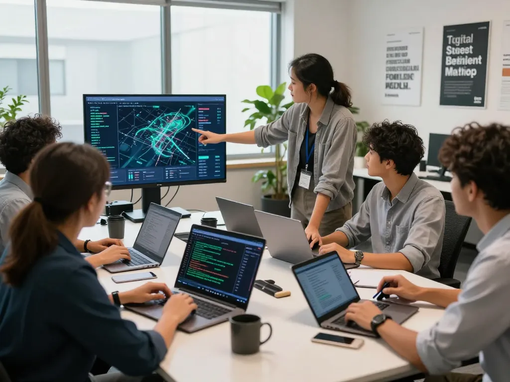 Digital asset mining platform team collaborating on blockchain strategies in a modern office