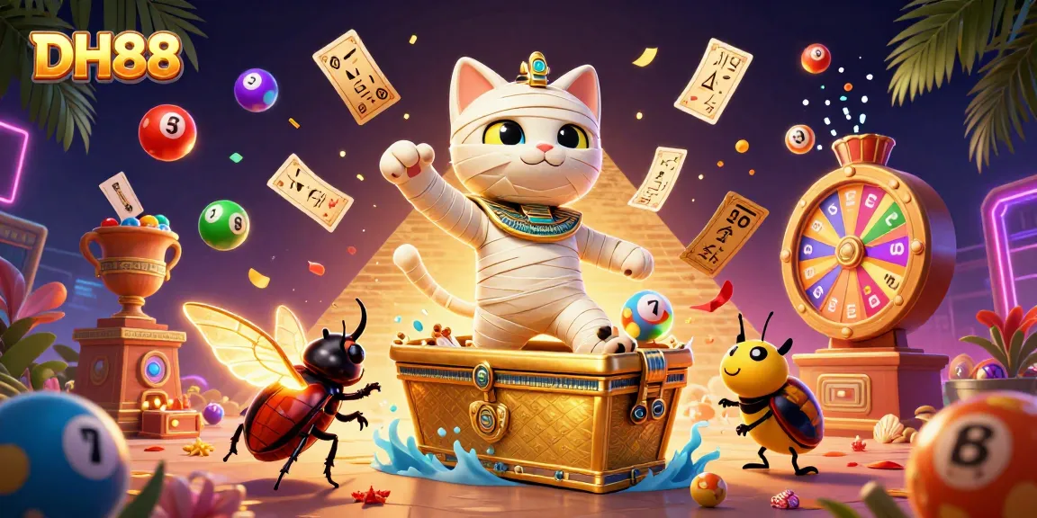 Engage with vibrant 3D casino fun at DH88 featuring a mummy cat and colorful games.