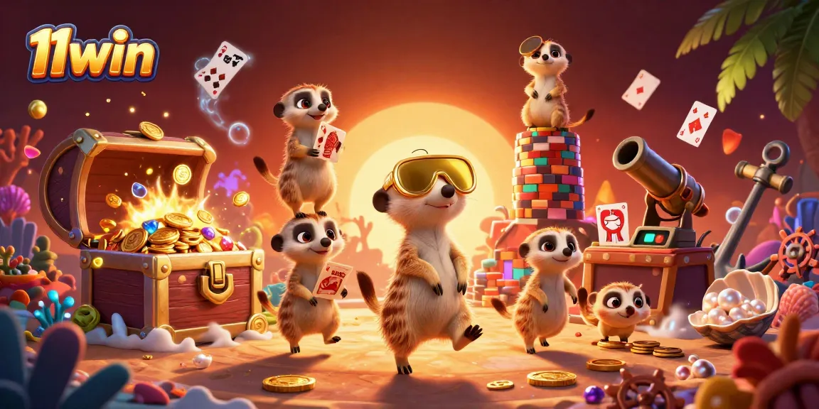 Experience the excitement of 11win with meerkats running a casino, surrounded by treasure and vibrant elements.