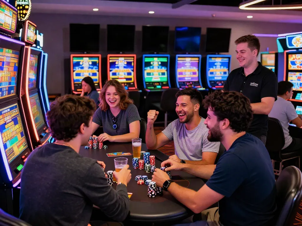 Exciting slot gaming scene with players engaged in a vibrant online casino atmosphere.