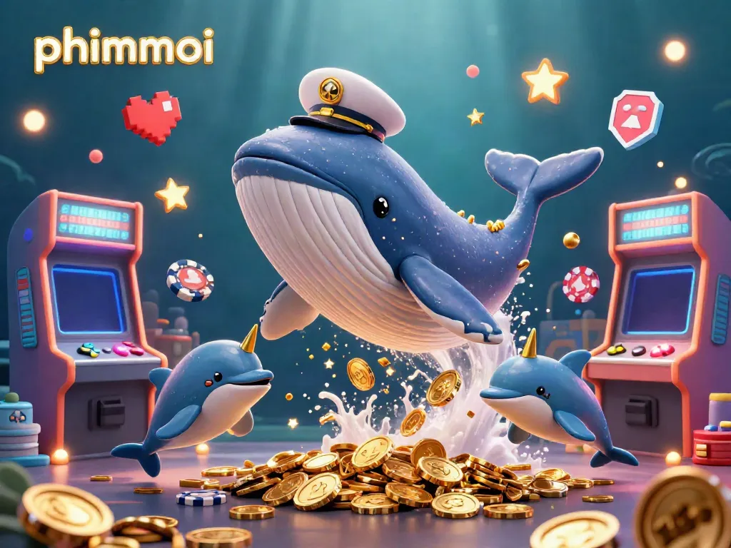 Experience the thrilling phimmoi journey through 3D illustration, showcasing a whale amidst gold coins and poker chips.