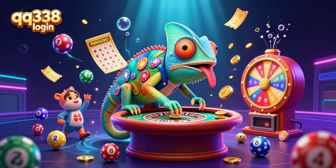Experience thrilling gameplay with qq338 login as the vibrant chameleon casino owner collects coins amidst dynamic lottery and gaming elements.