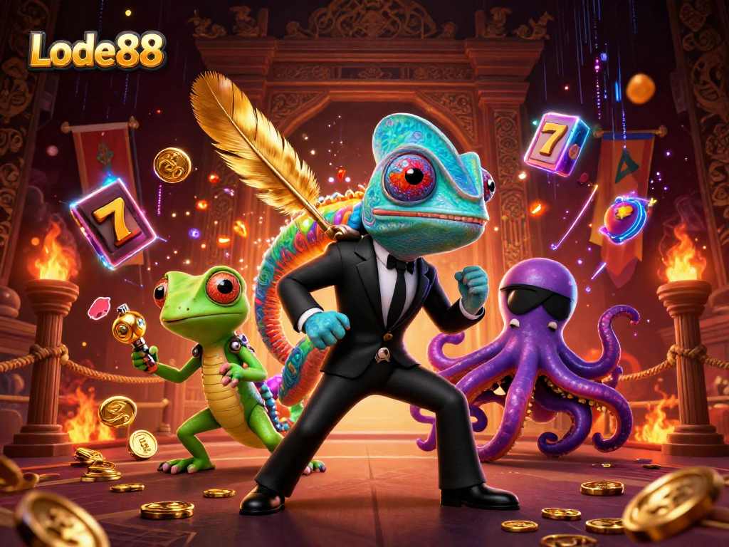 Lode88 slot adventure with a secret agent chameleon, tech gecko, and villainous octopus