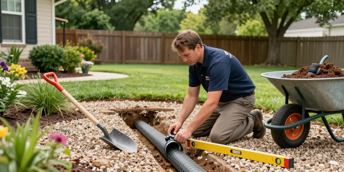 Professional technician providing expert drainage services in Fort Worth, TX by installing a French drain system in a residential yard.