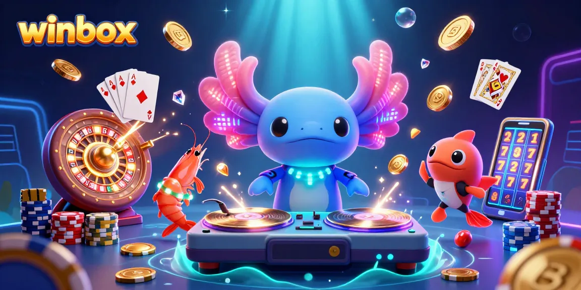 Winbox features an energetic axolotl DJ spinning golden records with vibrant casino elements.