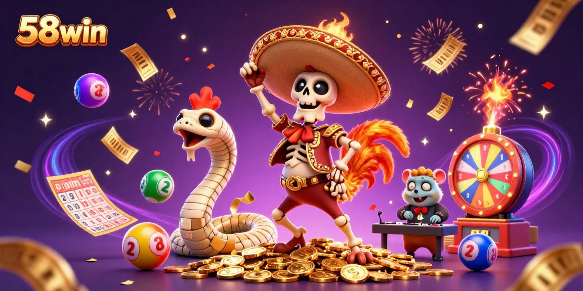 Experience the excitement of 58win with a vibrant 3D illustration featuring a skeleton mariachi rooster and a zombie hamster DJ.