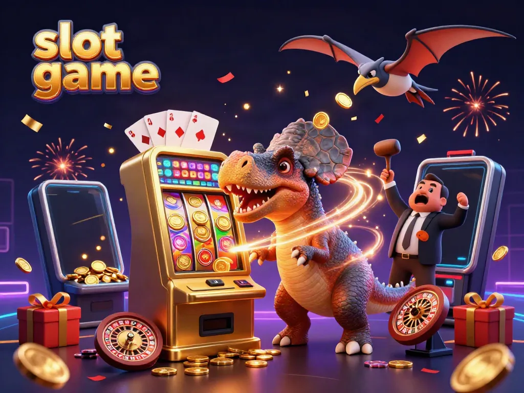 Experience exciting slot game action with a cartoon dinosaur winning jackpots amidst gold coins.