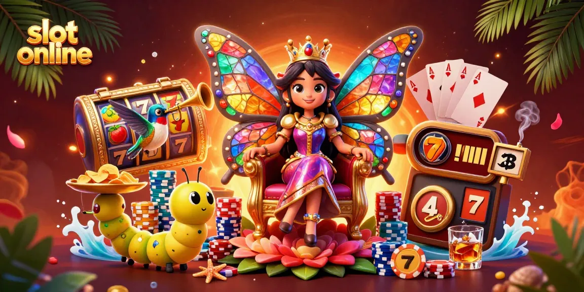 Engage with slot online action in this vibrant 3D illustration featuring a butterfly queen, jackpot reels, and colorful poker chips.