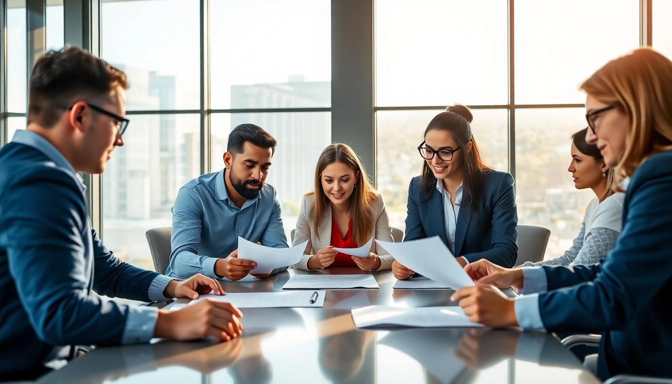 Team discussing contracts and grants in a bright office setting.