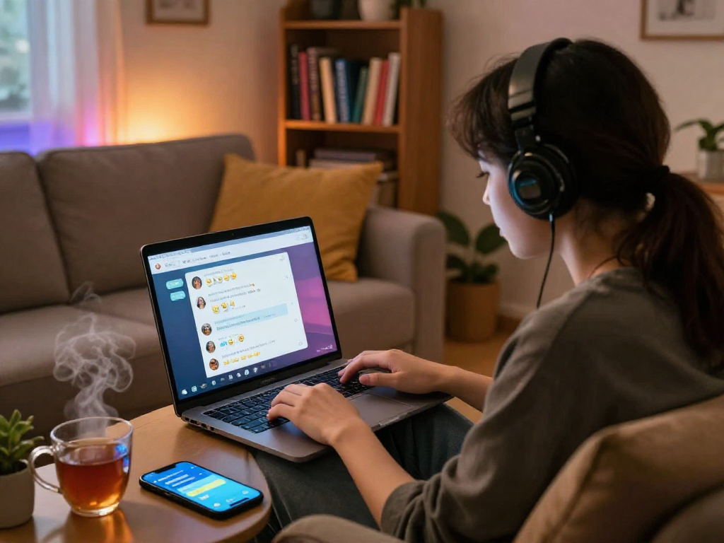 Engaging in a relaxed porn chat ai conversation in a cozy, illuminated room.