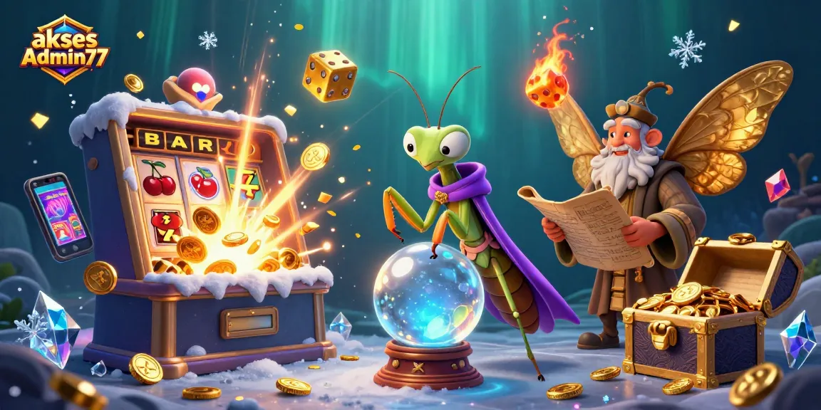 Experience instant wins with akses Admin77, as a 3D fortune teller observes thrilling casino games and jackpots.