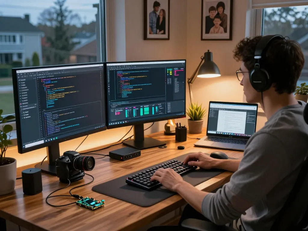 Developer using moltbot AI in a cozy home office setting with multiple monitors, code on screen, and tech gadgets.