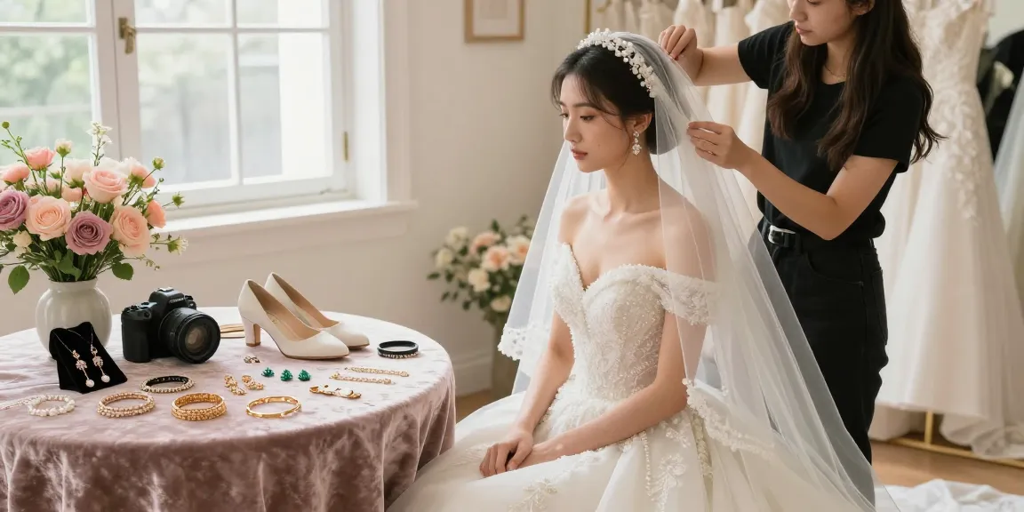 Consulenza online di Bridal styling con una sposa che indossa un abito da sposa splendido, circondata da accessori e fiori delicati.