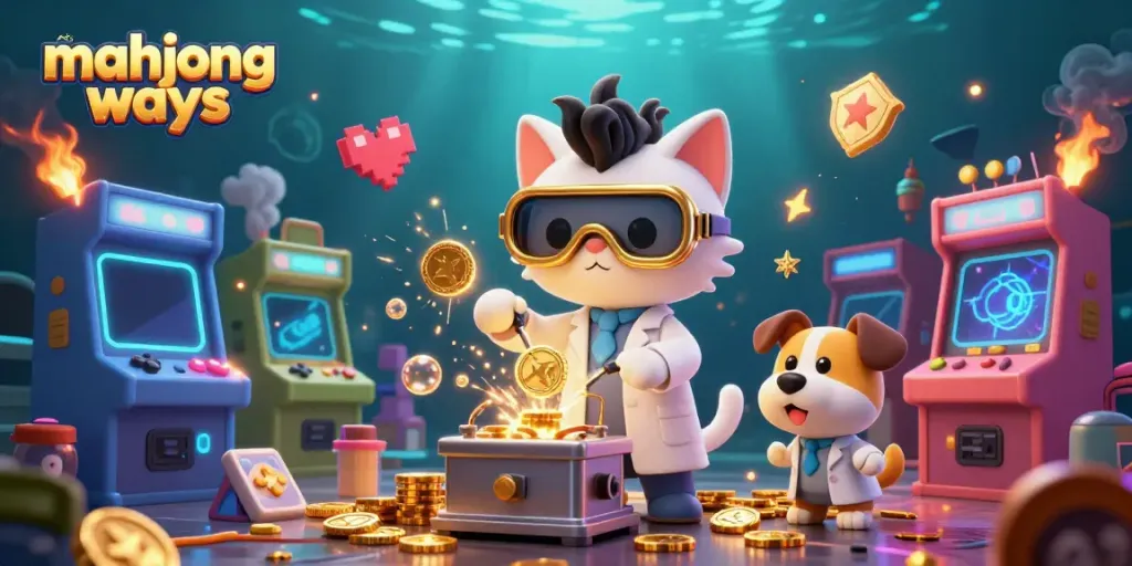 Engage in thrilling gameplay with Mahjong Ways, featuring a 3D cartoon mad scientist cat and dog amidst a vibrant casino scene.