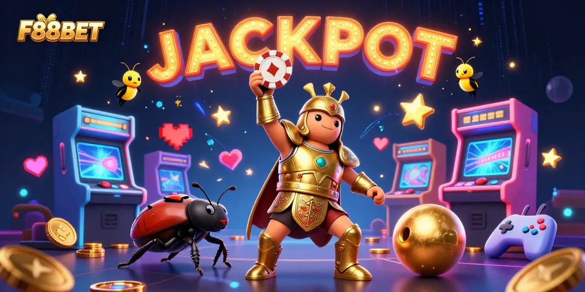 Win big with F88BET in an exciting 3D casino scene featuring vibrant characters and games.