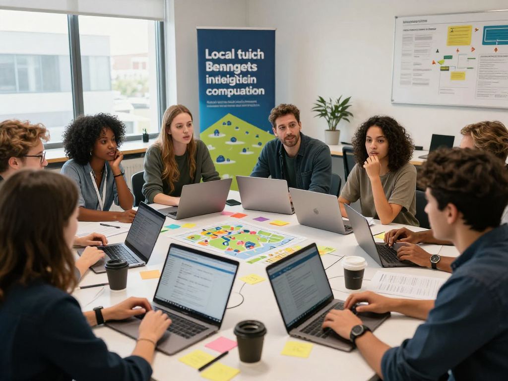 Collaborative workspace scene showcasing digital-lancashire.org.uk's community initiatives with diverse individuals brainstorming ideas.