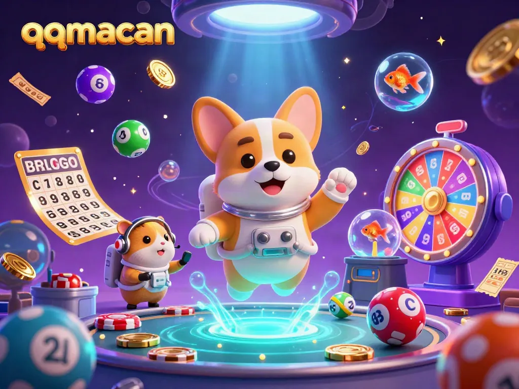 Experience the thrill of qqmacan with a floating corgi in a cosmic casino scene filled with vibrant gaming elements.