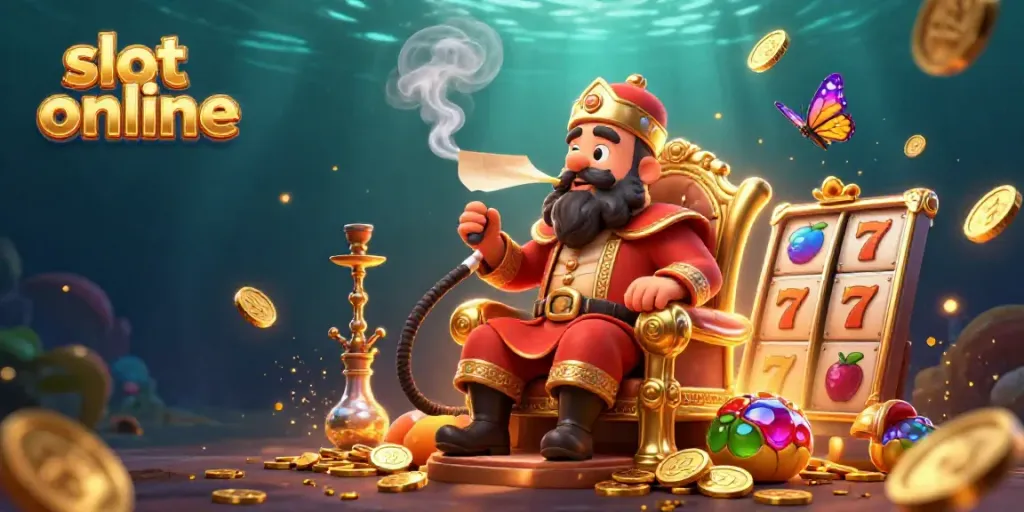 Menggulung slot online dengan keberuntungan, simbol jackpot berseberangan dengan koin emas dan elemen kasino lainnya.