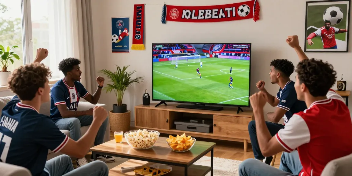 Engaged fans enjoying koora live match in a lively living room setting with snacks and team jerseys.