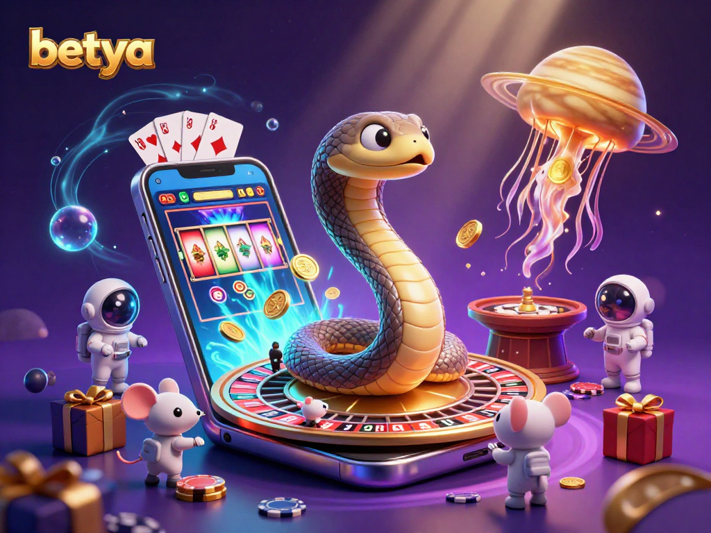 Engage with betya's vibrant casino-themed scene featuring an astronaut mouse placing bets.