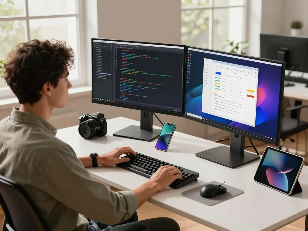 Developer in a modern workspace using OpenClawd for AI automation on dual monitors