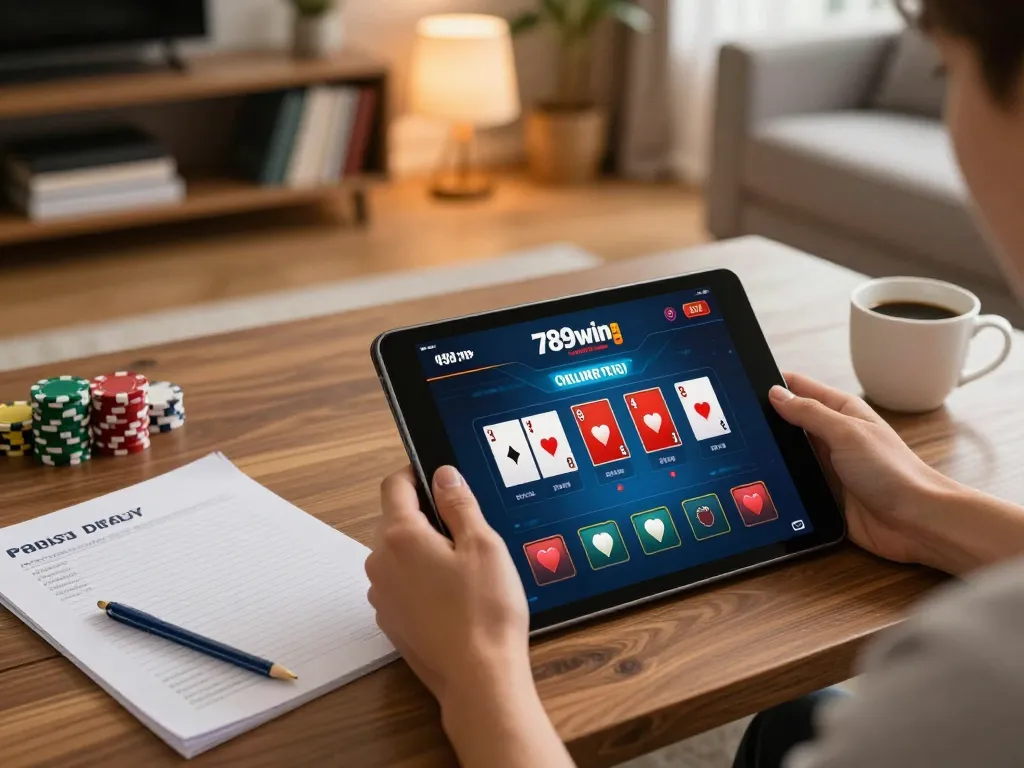 Engaged player using 789win vip online casino app on a tablet in a cozy living room.
