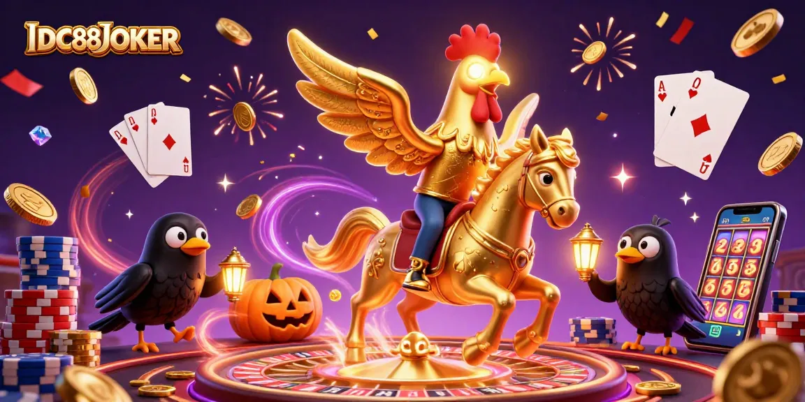 Capture the thrill of gaming at IDC88JOKER with golden rooster, gameplay elements, and high-energy atmosphere.