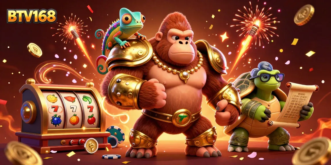 BTV168 showcases a powerful gorilla king in golden armor with a chameleon companion, symbolizing winning strategies in casino gaming.