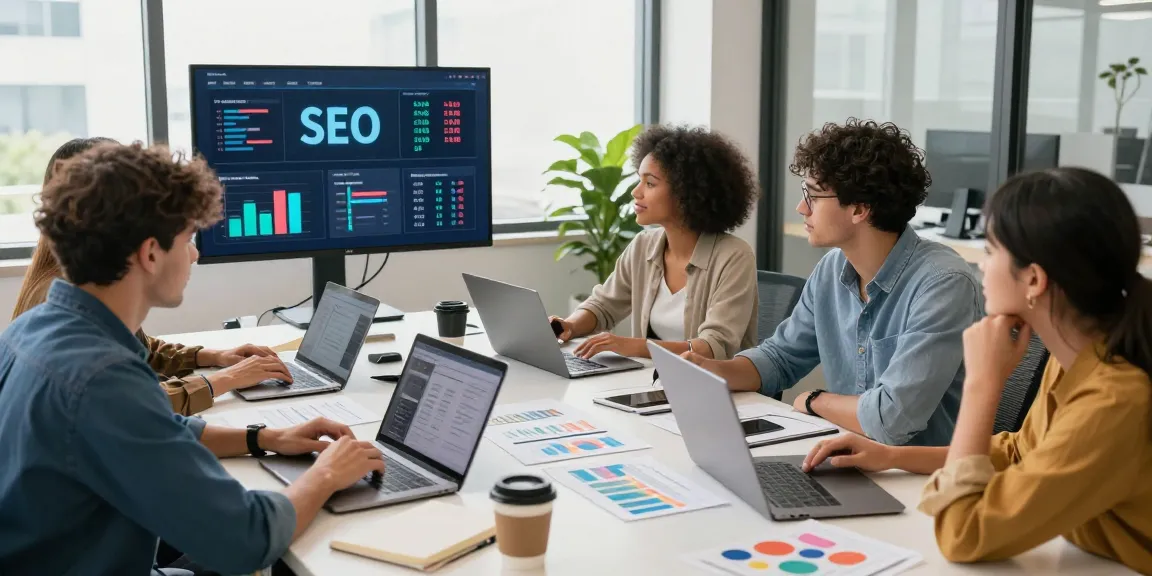 SEO Backlinks Packages collaboration scene with marketers analyzing performance metrics and strategies in a bright office environment.