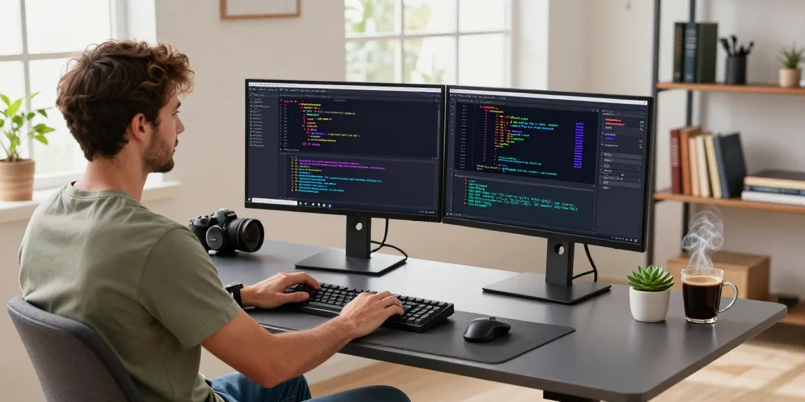 Engaging software development scene highlighting spicy AI features on dual monitors with a developer at a modern desk.