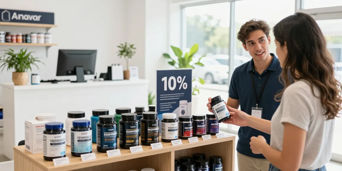 Astera Steroids Shop display featuring various products with promotional offers in a modern retail setting.