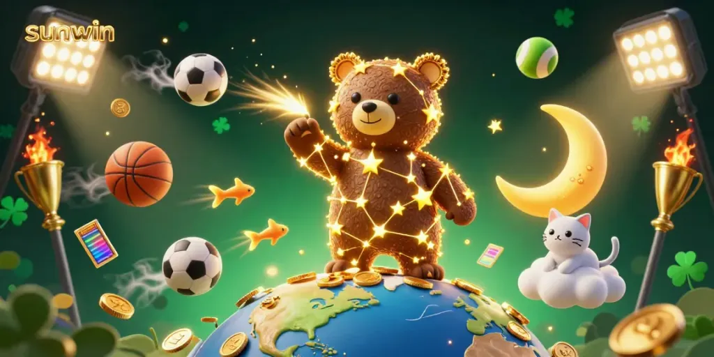 Experience sunwin's gaming excitement with a vibrant illustration of a constellation bear and sports elements.