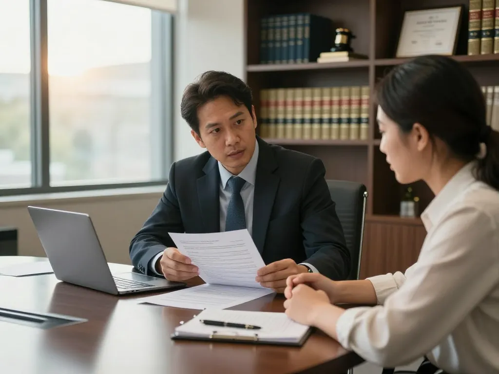 Houston Personal Injury Attorney advising a client on legal matters in a modern office.