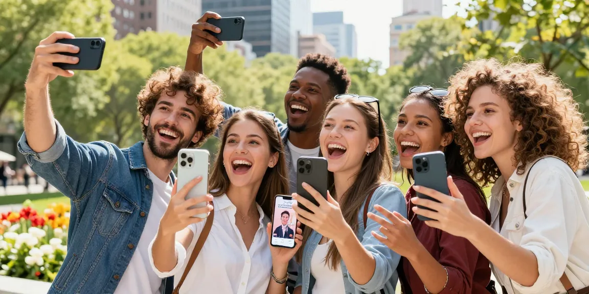 Friends using the celebrity look alike app outdoors, showcasing playful interactions and technology.