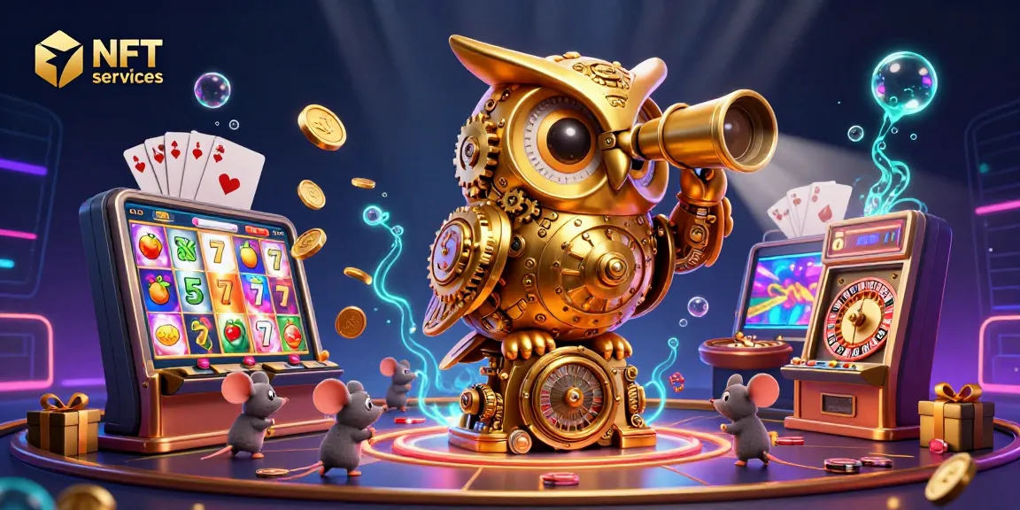 Engage with innovative NFT services in a vibrant casino scene filled with colorful game elements.
