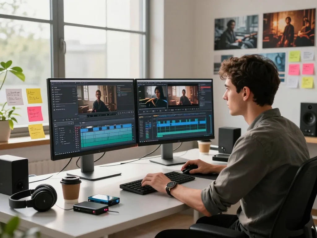 Creative professional using video to prompt ai in a modern editing studio, analyzing clips and developing prompts.